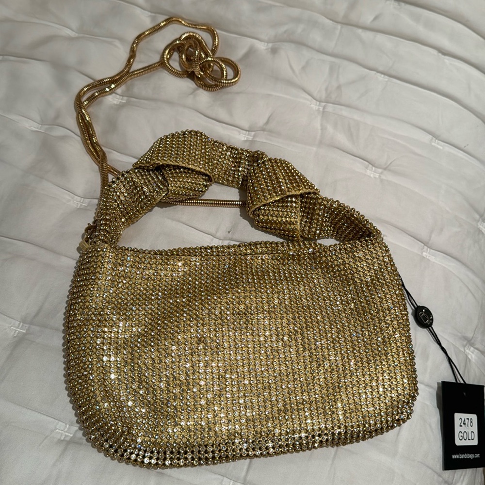 Gold rhinestone clutch with detachable gold strap